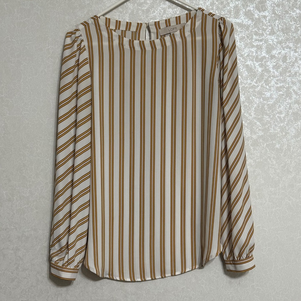 Loft Striped Long Sleeve Blouse Keyhole Back Mustard Yellow & White Classic S